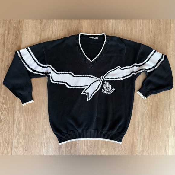 Vintage Black Knit Bow Sweater Holiday V Neck - Picture 1 of 5